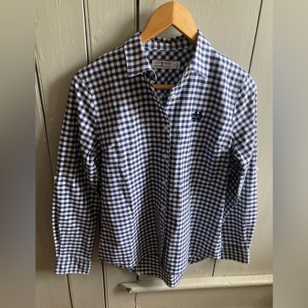 Peter Millar Notre Dame Lady Irish Shirt Women’s Small Navy Blue Gingham